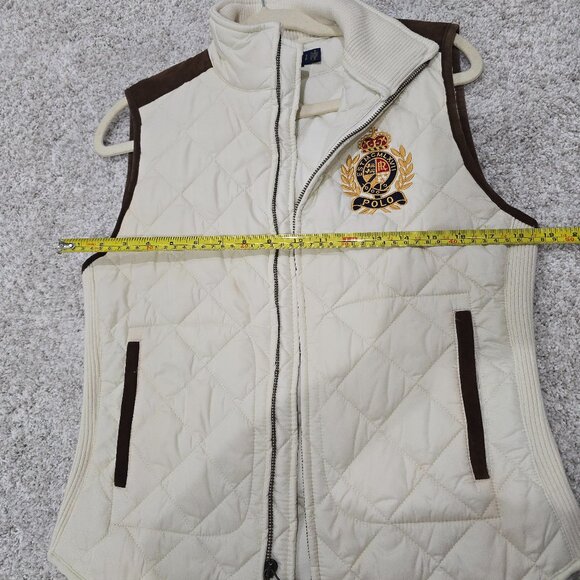 Polo Ralph Lauren Ivory Brown Suede Trim Quilted Puffer Vest Womens Small - Picture 15 of 16